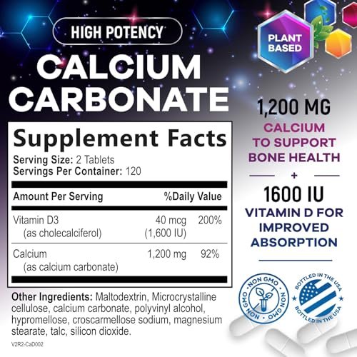 Calcium 1200 mg pro Portion mit Vitamin D3 – Knochengesundheit, Zahn- & Immununterstützung, für Frauen & Männer, 240 Tabletten