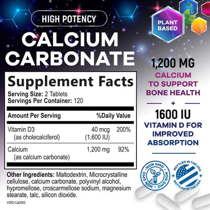 Calcium 1200 mg pro Portion mit Vitamin D3 – Knochengesundheit, Zahn- & Immununterstützung, für Frauen & Männer, 240 Tabletten