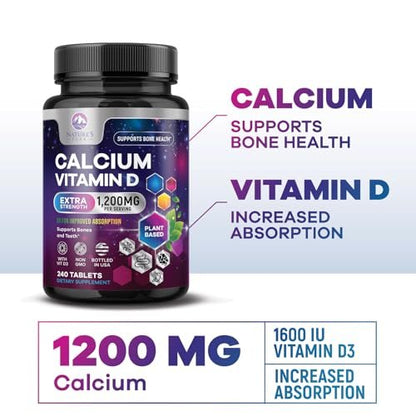 Calcium 1200 mg pro Portion mit Vitamin D3 – Knochengesundheit, Zahn- & Immununterstützung, für Frauen & Männer, 240 Tabletten