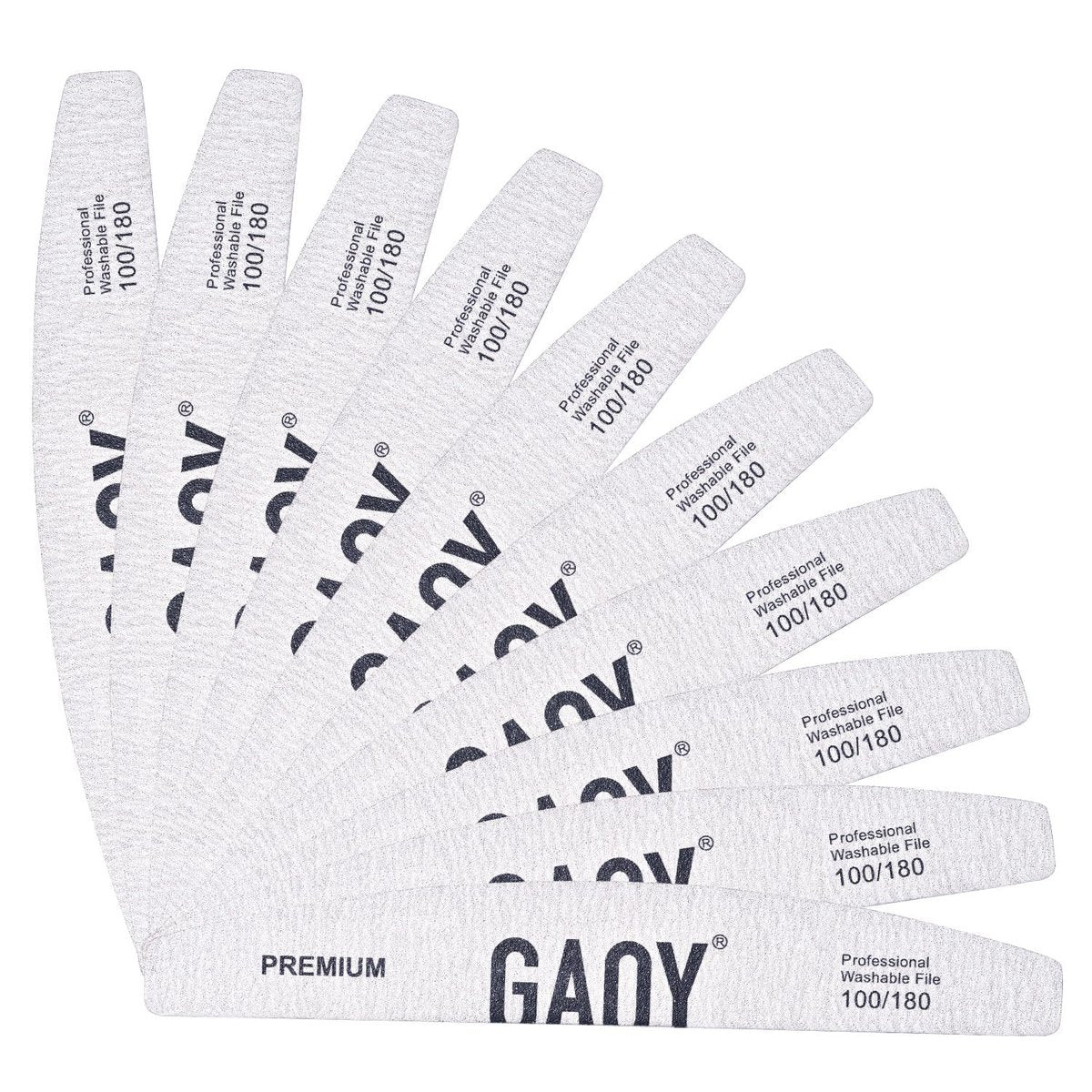 GAOY Nagelfeile, 10 Stück professionelle 100/180 Grit halbmondförmige doppelseitige waschbare Feilen für Acryl- und Gelnägel