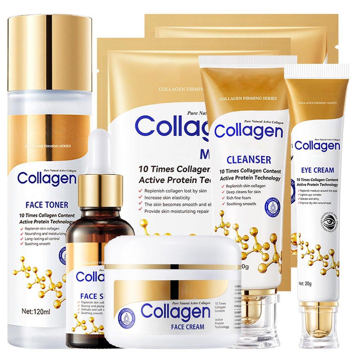 Collagen Hautpflege Set – 6-teiliges Gesichtspflegeset für reife Haut – Strafft die Haut, verfeinert Poren, glättet Falten, spendet Feuchtigkeit – inkl. Serum, Gesichtscreme, Augencreme, Toner, Reiniger & Gesichtsmaske