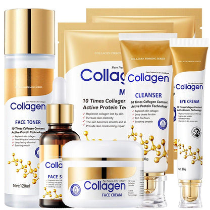 Collagen Hautpflege Set – 6-teiliges Gesichtspflegeset für reife Haut – Strafft die Haut, verfeinert Poren, glättet Falten, spendet Feuchtigkeit – inkl. Serum, Gesichtscreme, Augencreme, Toner, Reiniger & Gesichtsmaske