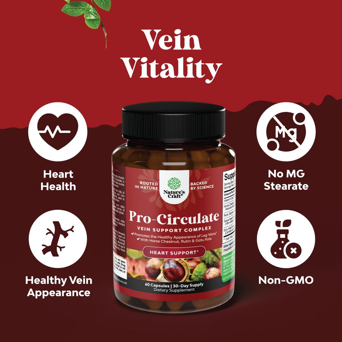 Natures Craft Venen-Unterstützung für Beine und Venen – Ganzkörper-Formel mit Rosskastanienextrakt für Krampfadern und Besenreiser – Vegan, Nicht-GMO, 60 Kapseln
