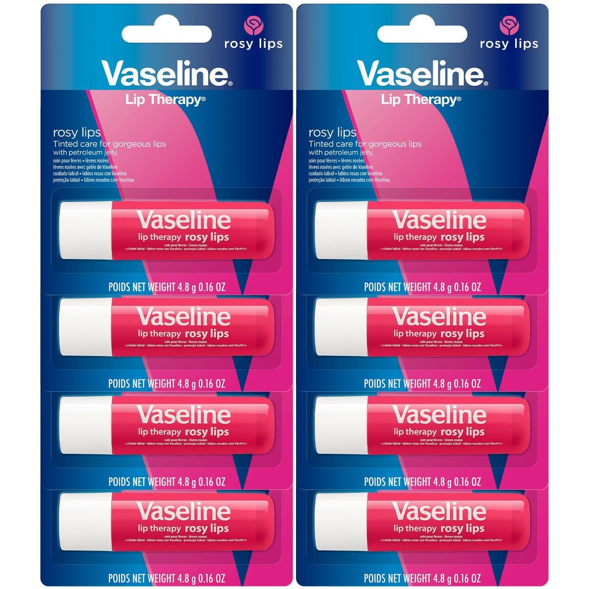 Vaseline Lip Therapy Rosy Lips 8er-Pack – Feuchtigkeitsspendender, getönter Lippenbalsam, 0,16 Unzen pro Stück