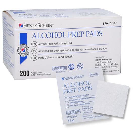 Henry Schein Große Alkohol-Vorbereitungspads (200/Box) – 70% Isopropylalkohol-Tücher, einzeln verpackt – 2-lagig, strukturiert – Hautvorbereitungs-Alkoholtupfer – sterile Pads