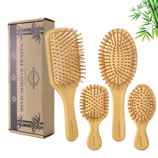 SAMEBUTECO Bambus-Haarbürsten-Set 4 Stile: Kammbürsten für dickes, feines, lockiges und trockenes Haar – ideal für Frauen und Mädchen – 2 für den Innenbereich, 2 für unterwegs