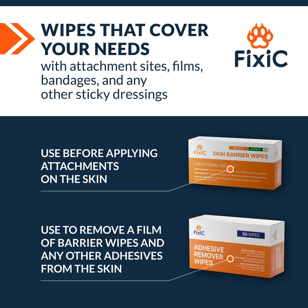 Fixic Skin Barrier Wipes - 50 Stück - Premium Hautschutz-Tücher zur Schaffung einer Barriere zwischen Haut und Aufklebern - Hautkleber-Tücher zur Steigerung der Klebewirkung