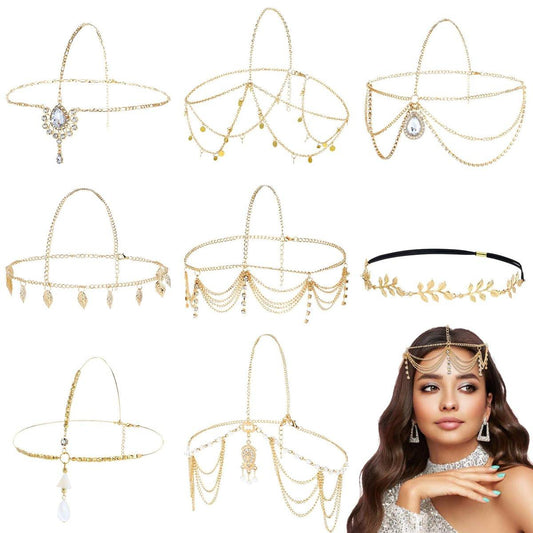 Dizila 8-teilige Goldkopfketten mit Strass, Perlen, Blättern und Münzen – Boho-Stirnbänder für Frauen und Mädchen – Festival, Hochzeit, Braut, Party
