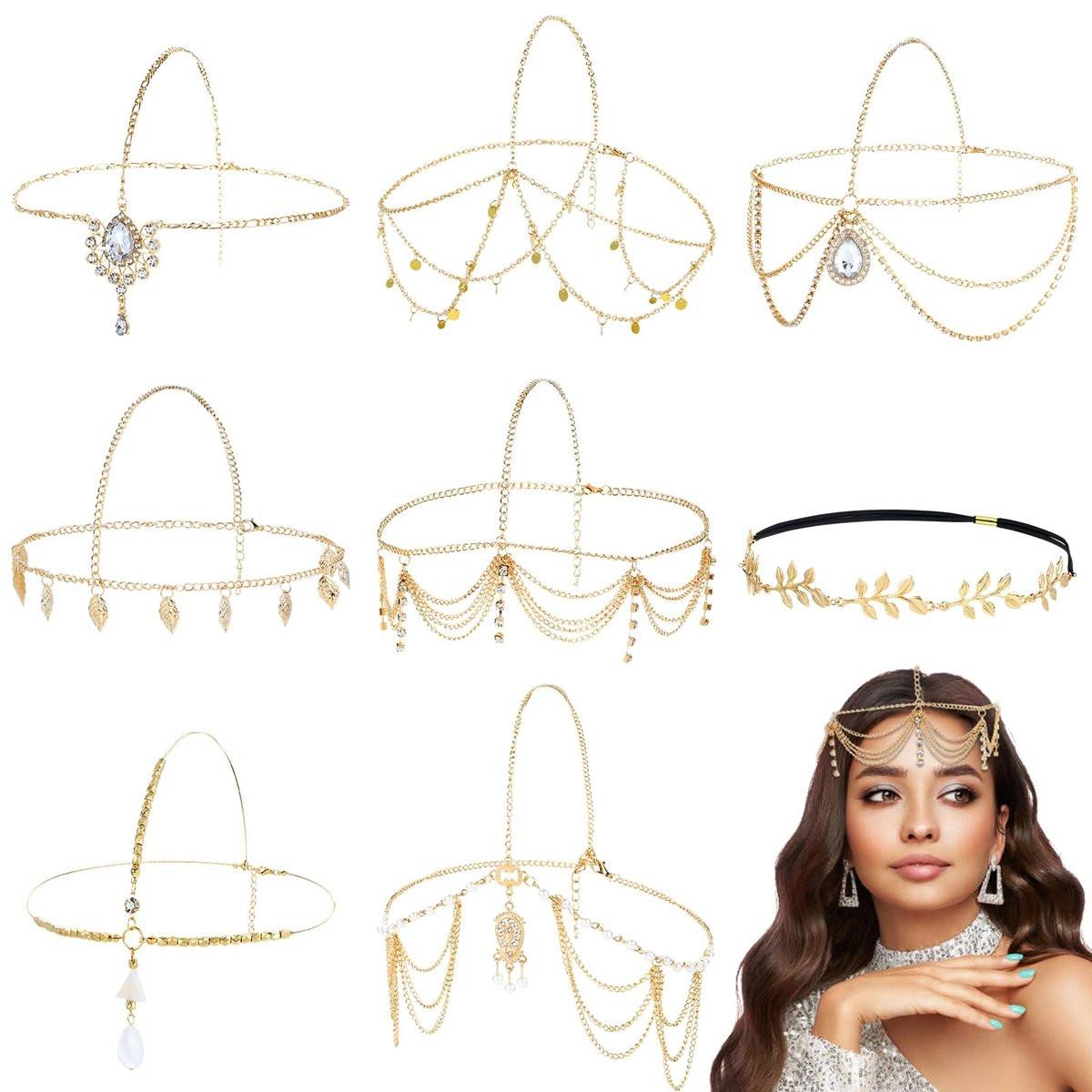 Dizila 8-teilige Goldkopfketten mit Strass, Perlen, Blättern und Münzen – Boho-Stirnbänder für Frauen und Mädchen – Festival, Hochzeit, Braut, Party