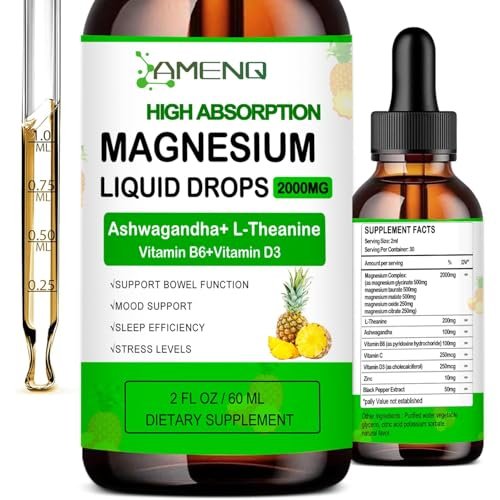Flüssiges Magnesium-Präparat, Bio 5-in-1 Magnesium-Komplex-Tropfen | Glycinat, Taurat, Oxid, Malat, Citrat mit L-Theanin, Ashwagandha für Cortisol, Schlaf*, Stress, Muskeln