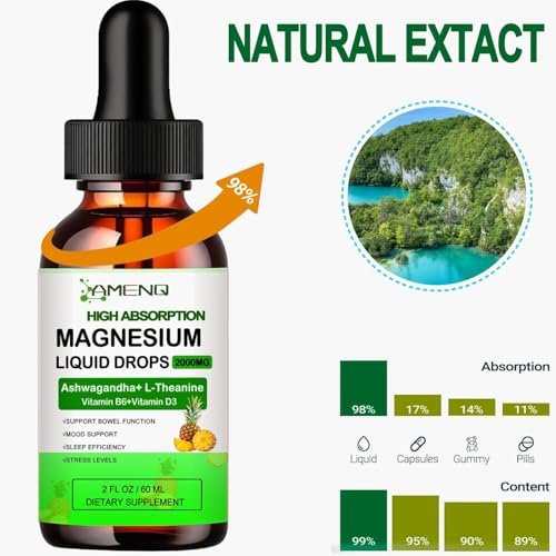 Flüssiges Magnesium-Präparat, Bio 5-in-1 Magnesium-Komplex-Tropfen | Glycinat, Taurat, Oxid, Malat, Citrat mit L-Theanin, Ashwagandha für Cortisol, Schlaf*, Stress, Muskeln
