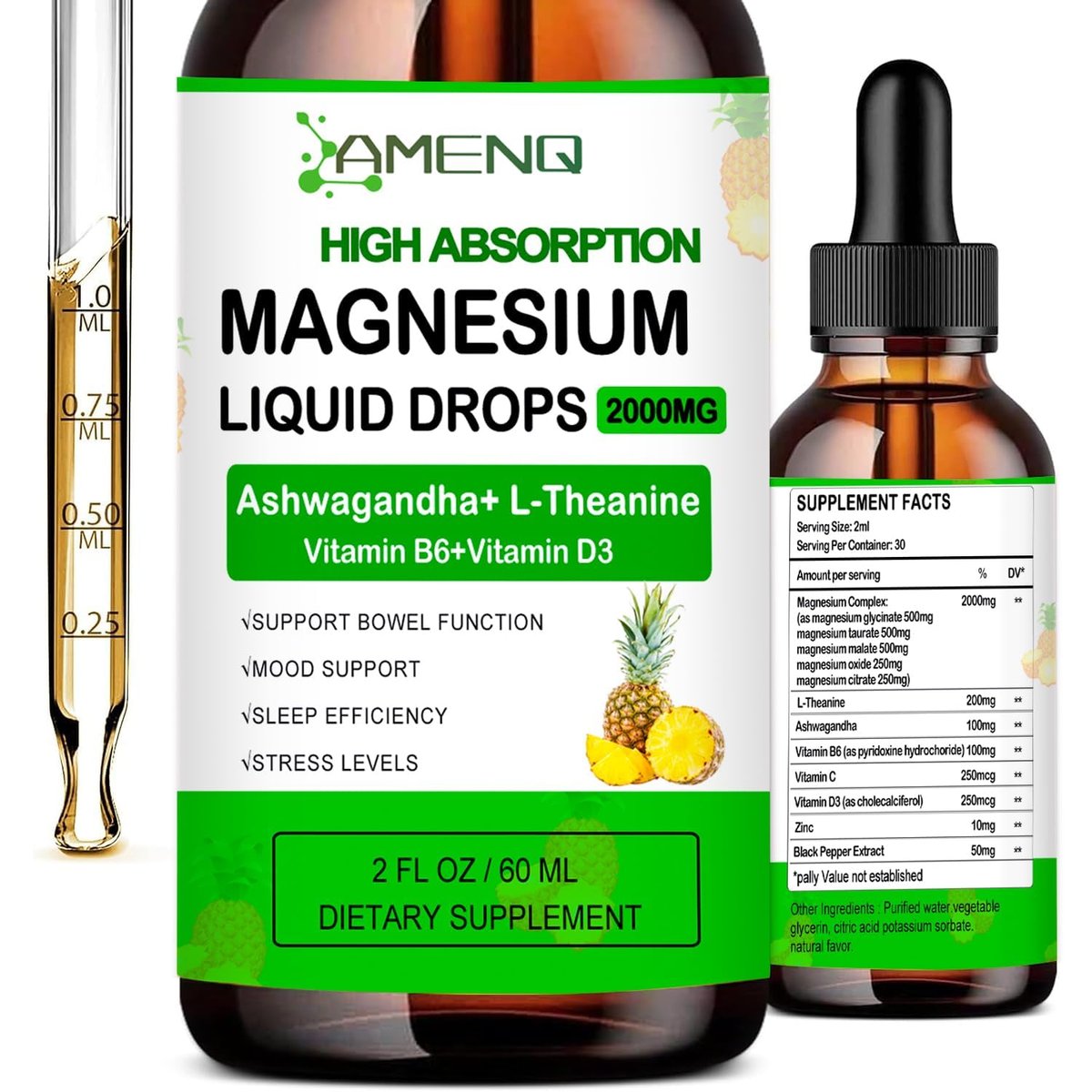 Flüssiges Magnesium-Präparat, Bio 5-in-1 Magnesium-Komplex-Tropfen | Glycinat, Taurat, Oxid, Malat, Citrat mit L-Theanin, Ashwagandha für Cortisol, Schlaf*, Stress, Muskeln