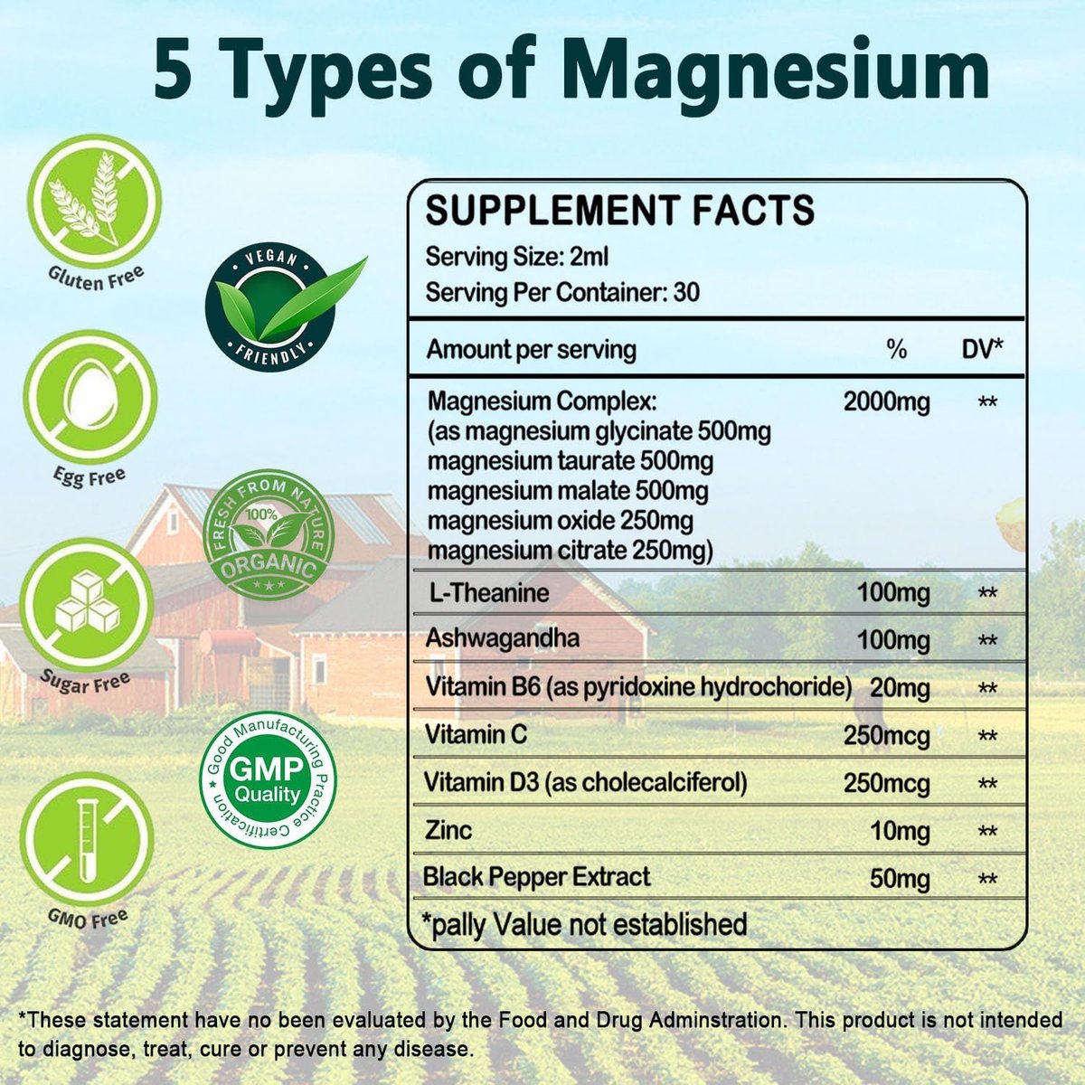 Flüssiges Magnesium-Präparat, Bio 5-in-1 Magnesium-Komplex-Tropfen | Glycinat, Taurat, Oxid, Malat, Citrat mit L-Theanin, Ashwagandha für Cortisol, Schlaf*, Stress, Muskeln