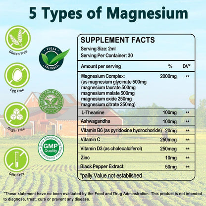 Flüssiges Magnesium-Präparat, Bio 5-in-1 Magnesium-Komplex-Tropfen | Glycinat, Taurat, Oxid, Malat, Citrat mit L-Theanin, Ashwagandha für Cortisol, Schlaf*, Stress, Muskeln