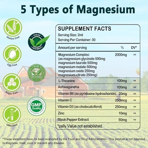 Flüssiges Magnesium-Präparat, Bio 5-in-1 Magnesium-Komplex-Tropfen | Glycinat, Taurat, Oxid, Malat, Citrat mit L-Theanin, Ashwagandha für Cortisol, Schlaf*, Stress, Muskeln