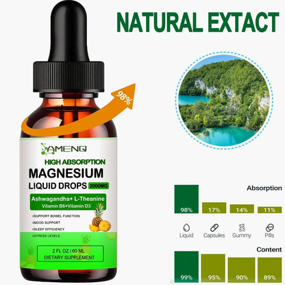 Flüssiges Magnesium-Präparat, Bio 5-in-1 Magnesium-Komplex-Tropfen | Glycinat, Taurat, Oxid, Malat, Citrat mit L-Theanin, Ashwagandha für Cortisol, Schlaf*, Stress, Muskeln