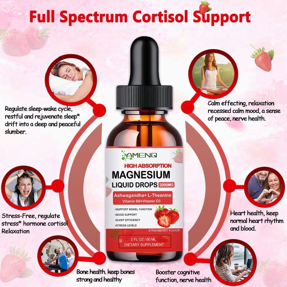 Cortisol Supplement Flüssigkeitstropfen – Cortisol Reducer mit Magnesiumglycinat, KSM-66 Ashwagandha, L-Theanin – Flüssig-Magnesium-Cortisol-Getränkemischung für Hormonbalance, Entspannung und Ruhe