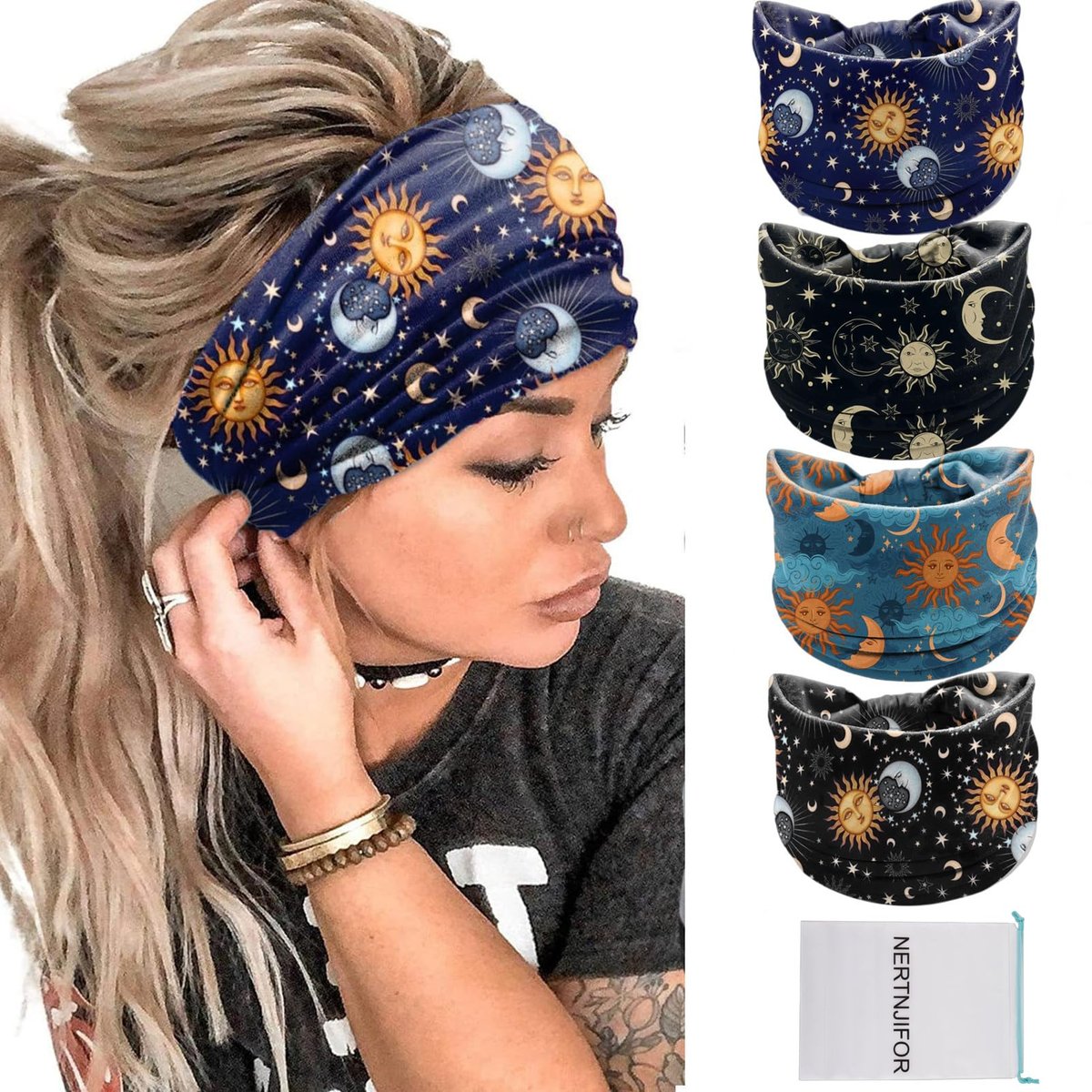 NERTNJIFOR Damen Stirnbänder mit Sternen und Mond – Breites geknotetes Stirnband, rutschfest, elastisch, Yoga-Turban, weiche Haarbänder für Mädchen, 4er-Pack (Stern Mond)