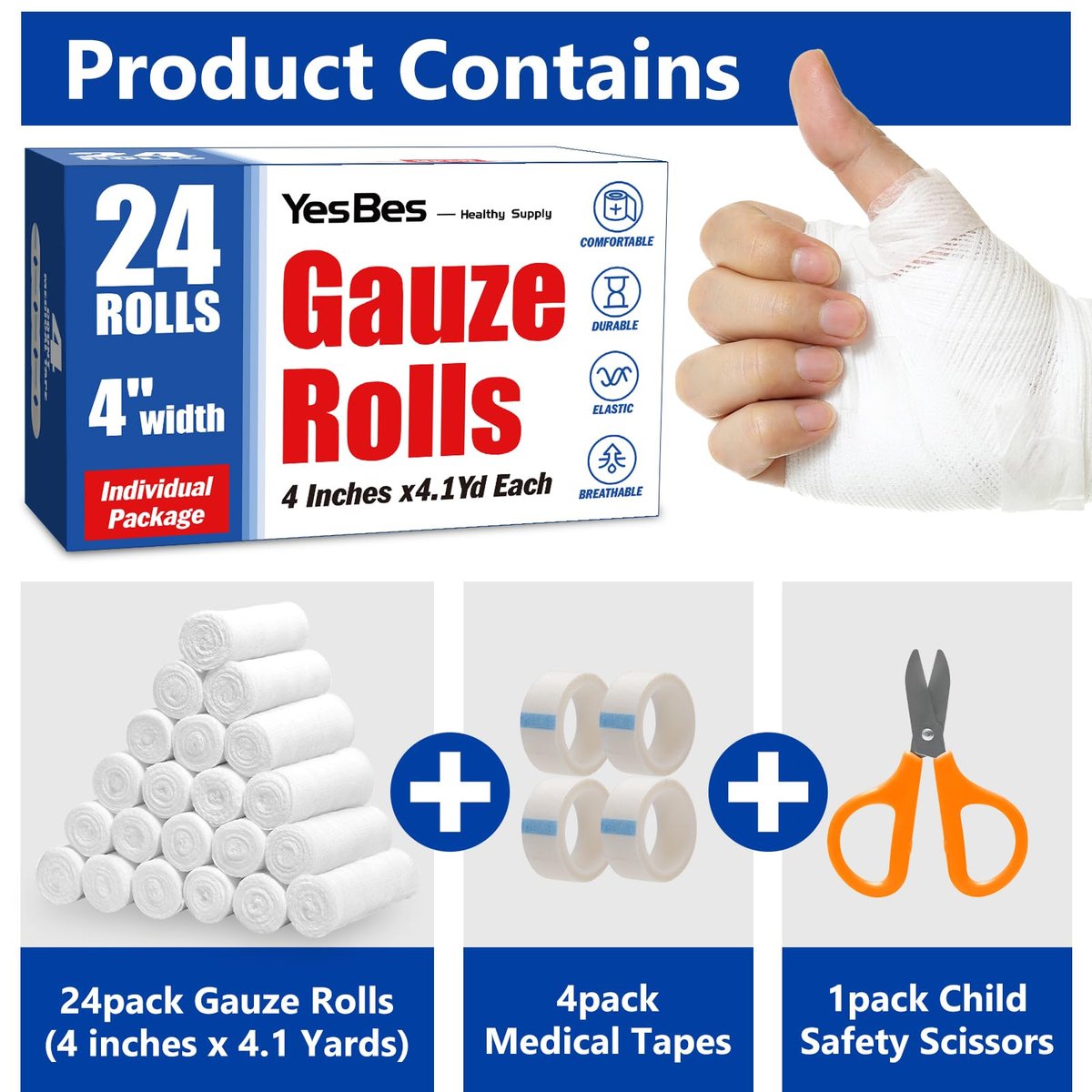 YesBes 24er Pack Mullbinden, 10 cm x 3,7 m, Premium Mullwickel für Wunden, Verbandsmull, einzeln verpackt
