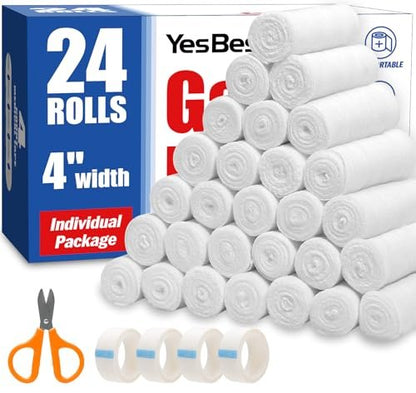 YesBes 24er Pack Mullbinden, 10 cm x 3,7 m, Premium Mullwickel für Wunden, Verbandsmull, einzeln verpackt