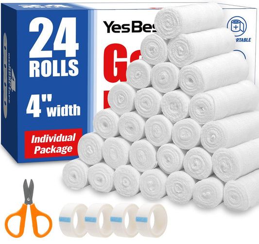 YesBes 24er Pack Mullbinden, 10 cm x 3,7 m, Premium Mullwickel für Wunden, Verbandsmull, einzeln verpackt