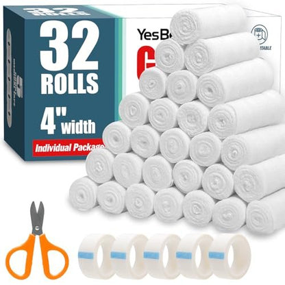 YesBes 32er-Pack Mullbinden, 10 cm x 3,7 m, Premium-Wundverband, einzeln verpackt