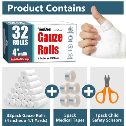 YesBes 32er-Pack Mullbinden, 10 cm x 3,7 m, Premium-Wundverband, einzeln verpackt