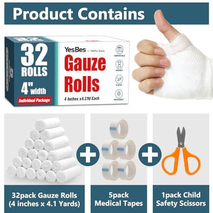 YesBes 32er-Pack Mullbinden, 10 cm x 3,7 m, Premium-Wundverband, einzeln verpackt