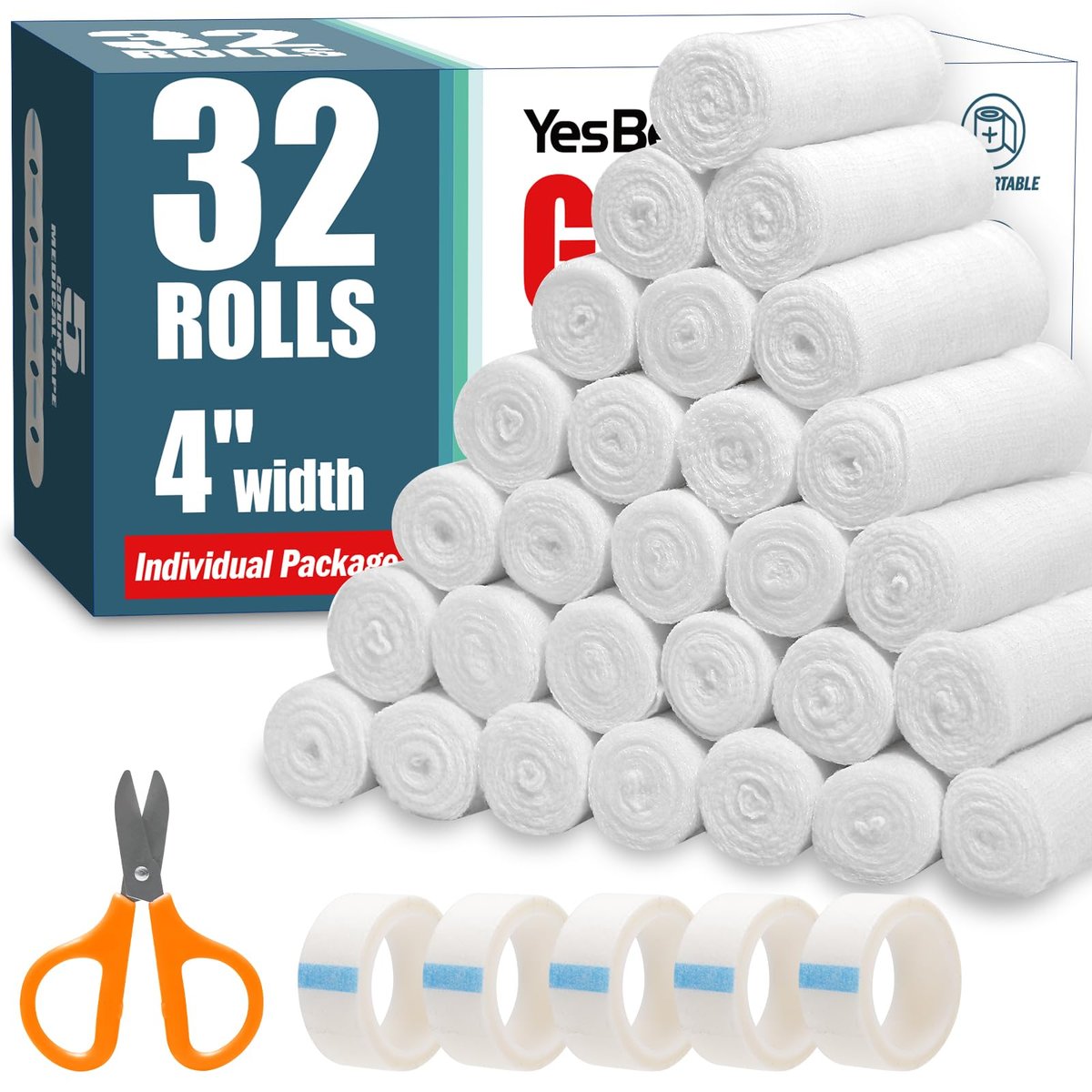 YesBes 32er-Pack Mullbinden, 10 cm x 3,7 m, Premium-Wundverband, einzeln verpackt