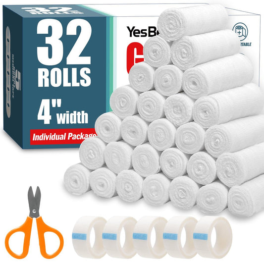 YesBes 32er-Pack Mullbinden, 10 cm x 3,7 m, Premium-Wundverband, einzeln verpackt