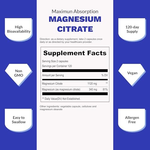 UpNourish Reines Magnesiumcitrat 1120mg, 240 Kapseln – Hochdosiertes Magnesium für Frauen & Männer – Natürliche Entspannung, Muskelkrämpfe & Verdauung