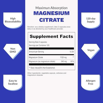UpNourish Reines Magnesiumcitrat 1120mg, 240 Kapseln – Hochdosiertes Magnesium für Frauen & Männer – Natürliche Entspannung, Muskelkrämpfe & Verdauung