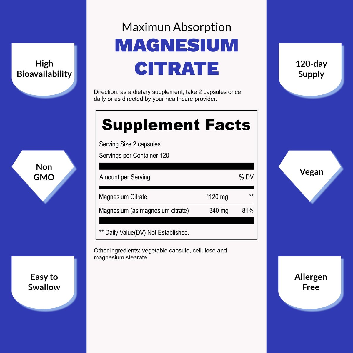 UpNourish Reines Magnesiumcitrat 1120mg, 240 Kapseln – Hochdosiertes Magnesium für Frauen & Männer – Natürliche Entspannung, Muskelkrämpfe & Verdauung