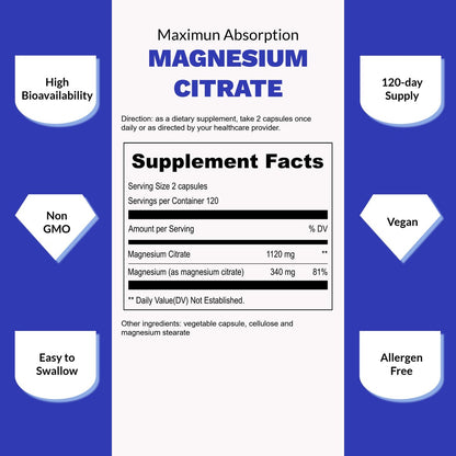 UpNourish Reines Magnesiumcitrat 1120mg, 240 Kapseln – Hochdosiertes Magnesium für Frauen & Männer – Natürliche Entspannung, Muskelkrämpfe & Verdauung