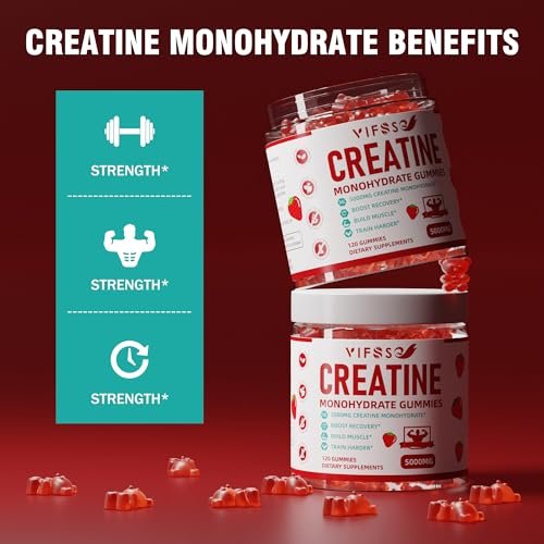 VIFSSG Kreatin-Monohydrat Gummibärchen 5 g für Männer & Frauen, 120 zuckerfreie Gummis mit 200 mg Magnesiumglycinat, 200 mg L-Threonat für Muskelunterstützung, Energie-Boost