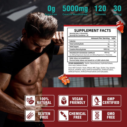 VIFSSG Kreatin-Monohydrat Gummibärchen 5 g für Männer & Frauen, 120 zuckerfreie Gummis mit 200 mg Magnesiumglycinat, 200 mg L-Threonat für Muskelunterstützung, Energie-Boost