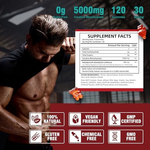 VIFSSG Kreatin-Monohydrat Gummibärchen 5 g für Männer & Frauen, 120 zuckerfreie Gummis mit 200 mg Magnesiumglycinat, 200 mg L-Threonat für Muskelunterstützung, Energie-Boost