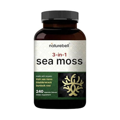 NatureBell 3-in-1 Sea Moss Komplex – 240 vegane Kapseln mit Bio-Bladderwrack & Bio-Klettenwurzel – Unterstützt Verdauung, Vitalität & Immunsystem*