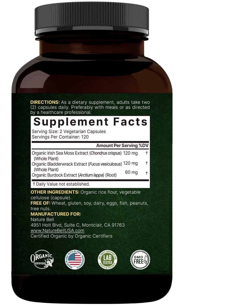 NatureBell 3-in-1 Sea Moss Komplex – 240 vegane Kapseln mit Bio-Bladderwrack & Bio-Klettenwurzel – Unterstützt Verdauung, Vitalität & Immunsystem*