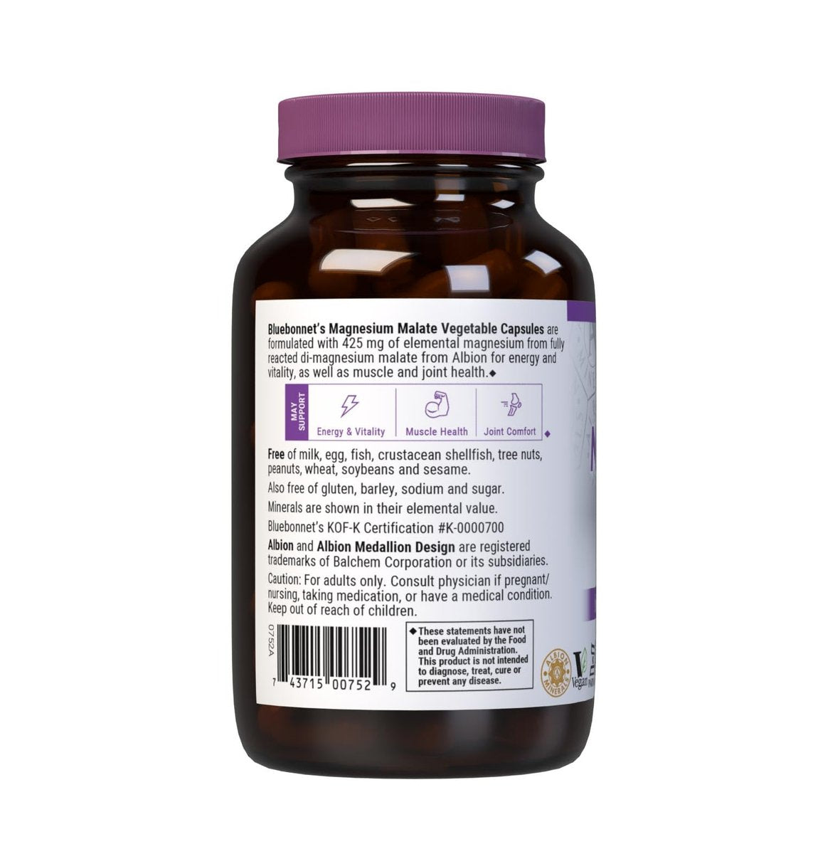 Bluebonnet Nutrition Magnesium Malat Kapseln – Unterstützt Energie, Muskel- und Gelenkgesundheit – Non-GMO, Vegan, Koscher, Glutenfrei, 90 Kapseln