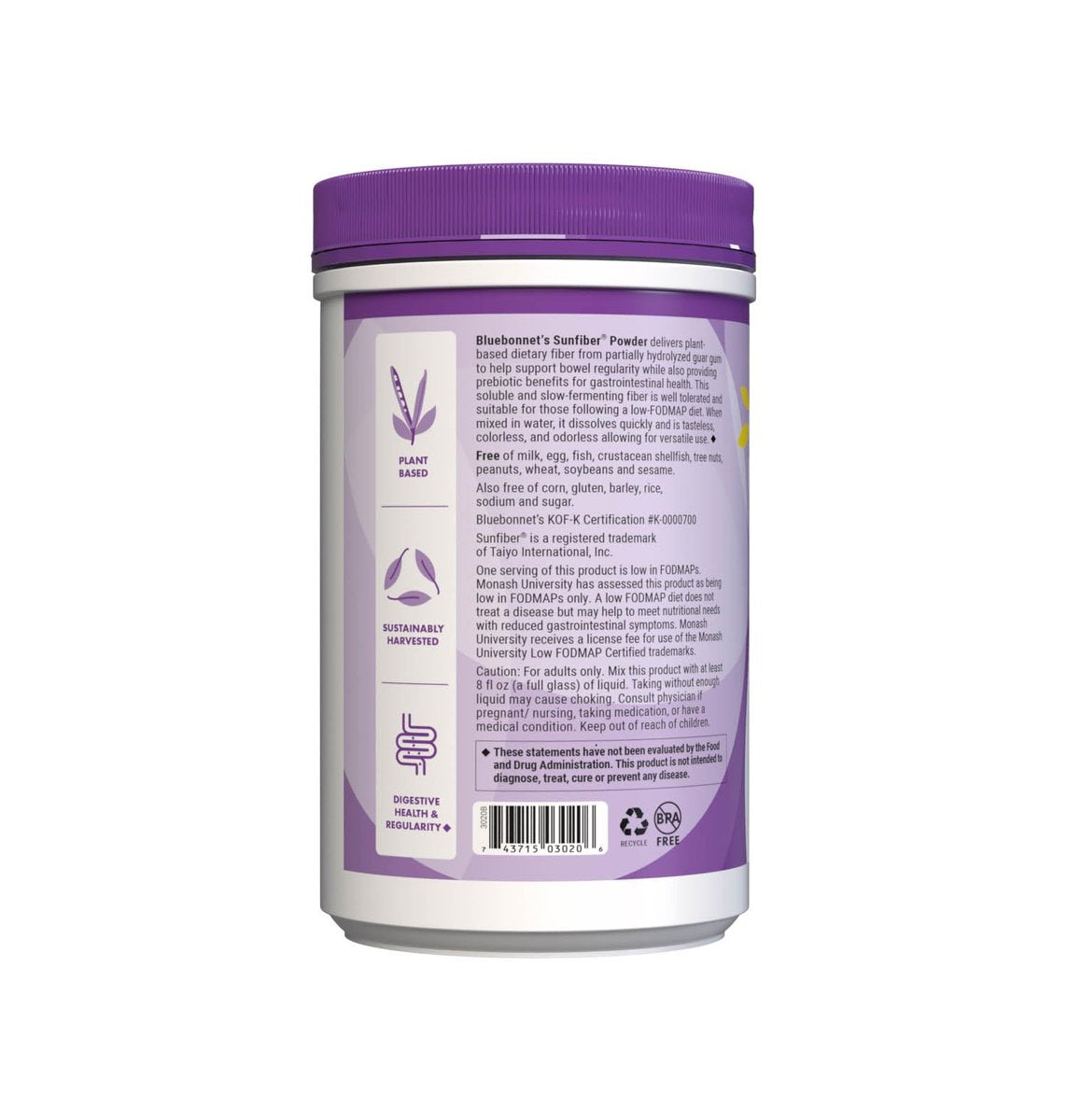 BlueBonnet Nutrition Sunfiber – 6 g pflanzliche präbiotische lösliche Ballaststoffe – Unterstützt die Verdauungsgesundheit* – Sofort löslich – Nicht-GVO, vegan, koscher, Low-FODMAP – Ungeschmackvoll, 7,4 OZ, 30 Portionen