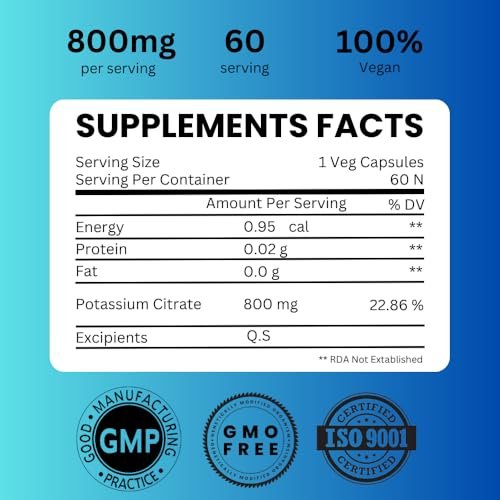 Kaliumcitrat 800 mg – Hochdosiertes Kaliumpräparat mit hoher Bioverfügbarkeit – 60 Portionen für Elektrolytgleichgewicht – Rein und stark