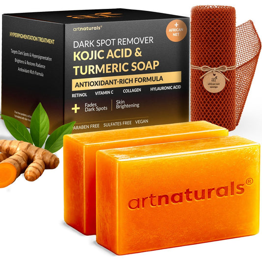Artnaturals Kojic-Säure & Kurkuma Anti-Dunkle-Flecken Seife mit Vitamin C, Retinol, Kollagen & Sheabutter - Original Japanische Komplex mit Hyaluronsäure - Inklusive Afrikanischer Netzschwamm, 2er-Pack