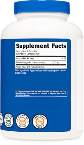 Nutricost Monolaurin 1000 mg – 240 Kapseln, 120 Portionen, Glutenfrei, Nicht-GVO, Vegan