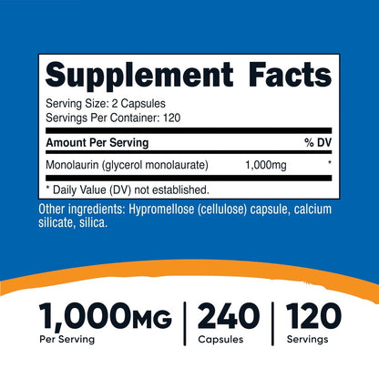 Nutricost Monolaurin 1000 mg – 240 Kapseln, 120 Portionen, Glutenfrei, Nicht-GVO, Vegan