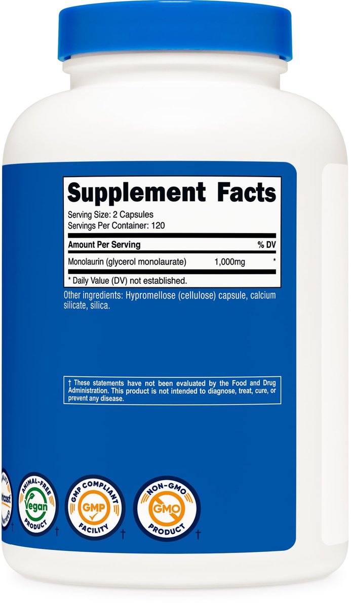 Nutricost Monolaurin 1000 mg – 240 Kapseln, 120 Portionen, Glutenfrei, Nicht-GVO, Vegan