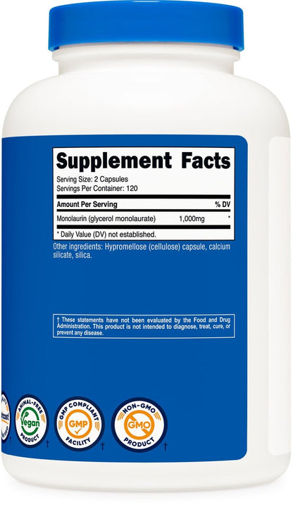 Nutricost Monolaurin 1000 mg – 240 Kapseln, 120 Portionen, Glutenfrei, Nicht-GVO, Vegan