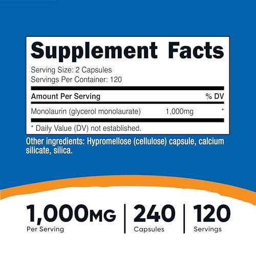 Nutricost Monolaurin 1000 mg – 240 Kapseln, 120 Portionen, Glutenfrei, Nicht-GVO, Vegan