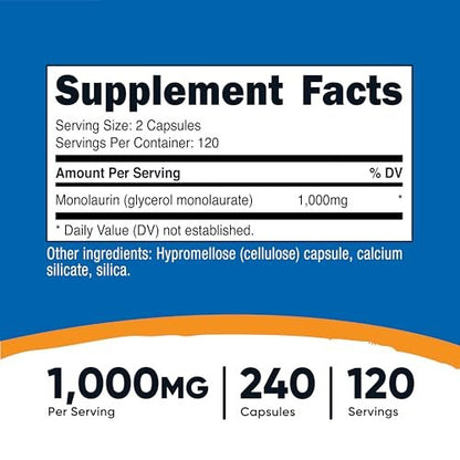 Nutricost Monolaurin 1000 mg – 240 Kapseln, 120 Portionen, Glutenfrei, Nicht-GVO, Vegan