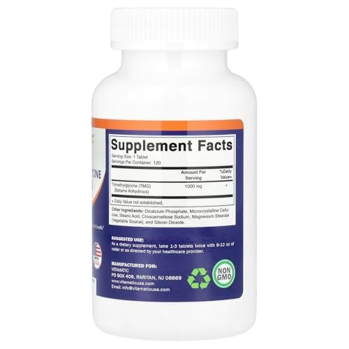 Vitamatic TMG 1000mg Tabletten - Trimethylglycin Betain Anhydrous - 120 Tabletten - 120 Portionen - Non-GMO & Glutenfrei
